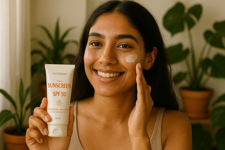 indian woman applying sunscreen